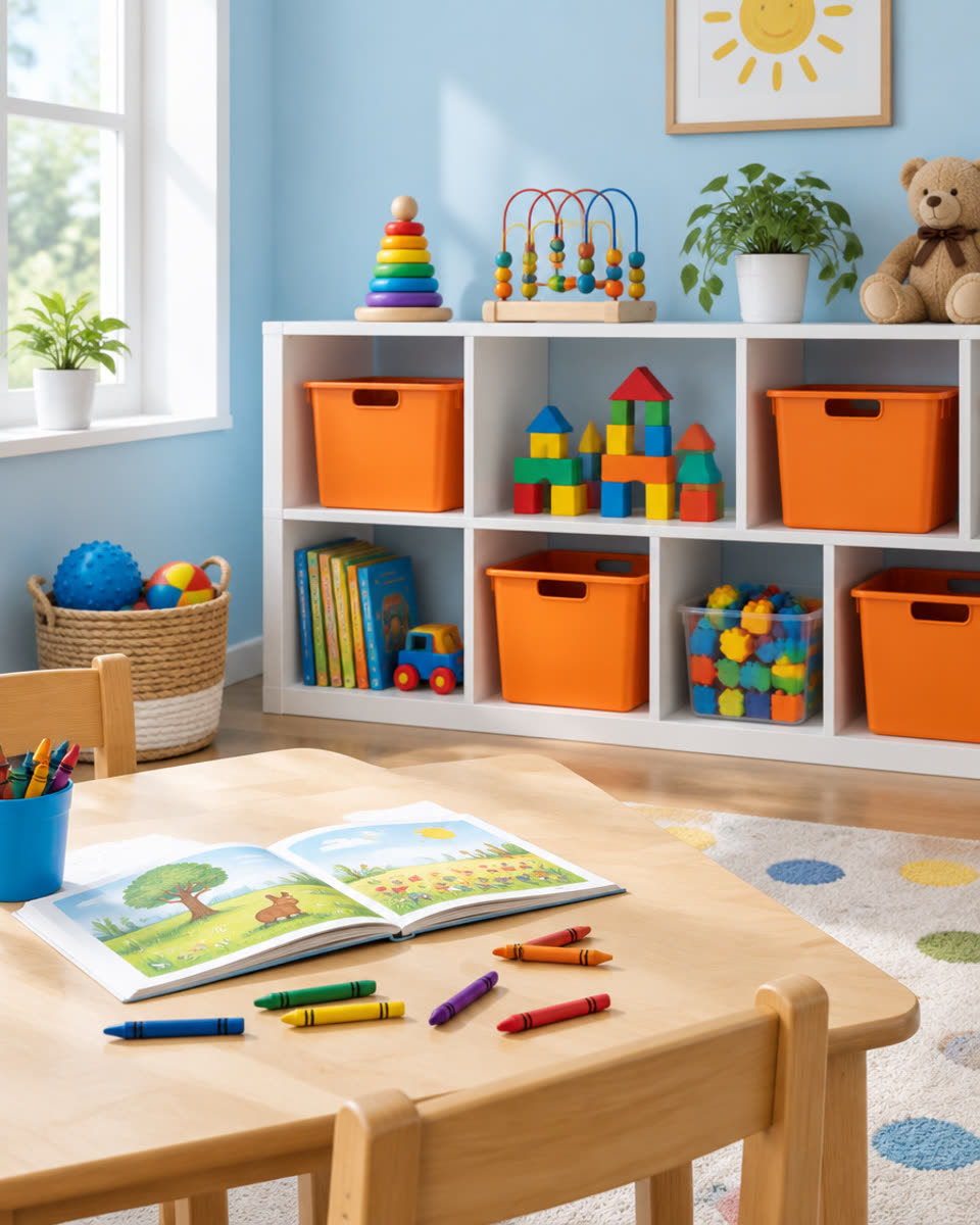 Classroom corner with white cube shelving, orange bins and an open picture book on a wooden table